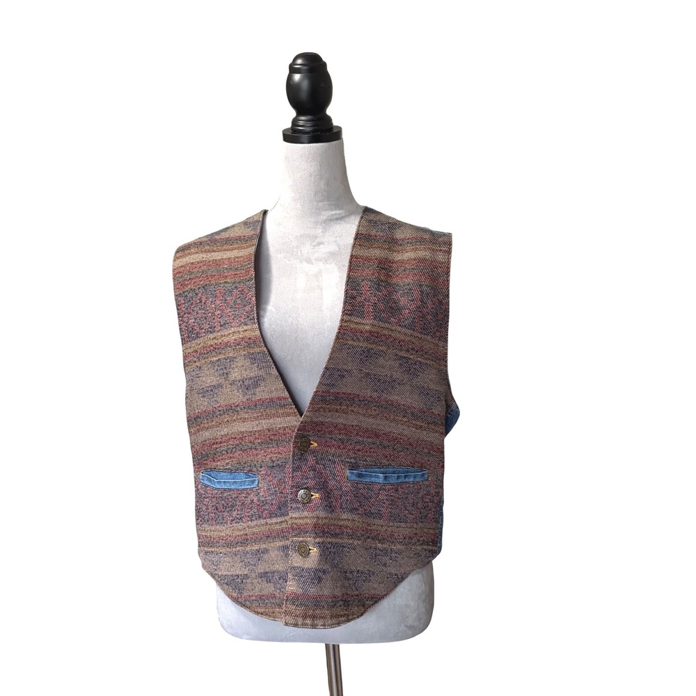 Vintage Arizona Jean Mens M Aztec Southwestern Pattern Denim Back Vest